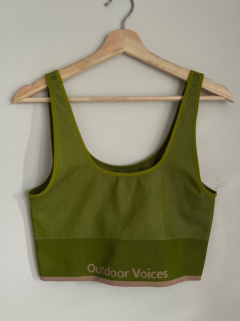 Outdoor Voices Olive Ribbed Scoop Crop Tank with Contrast Hem